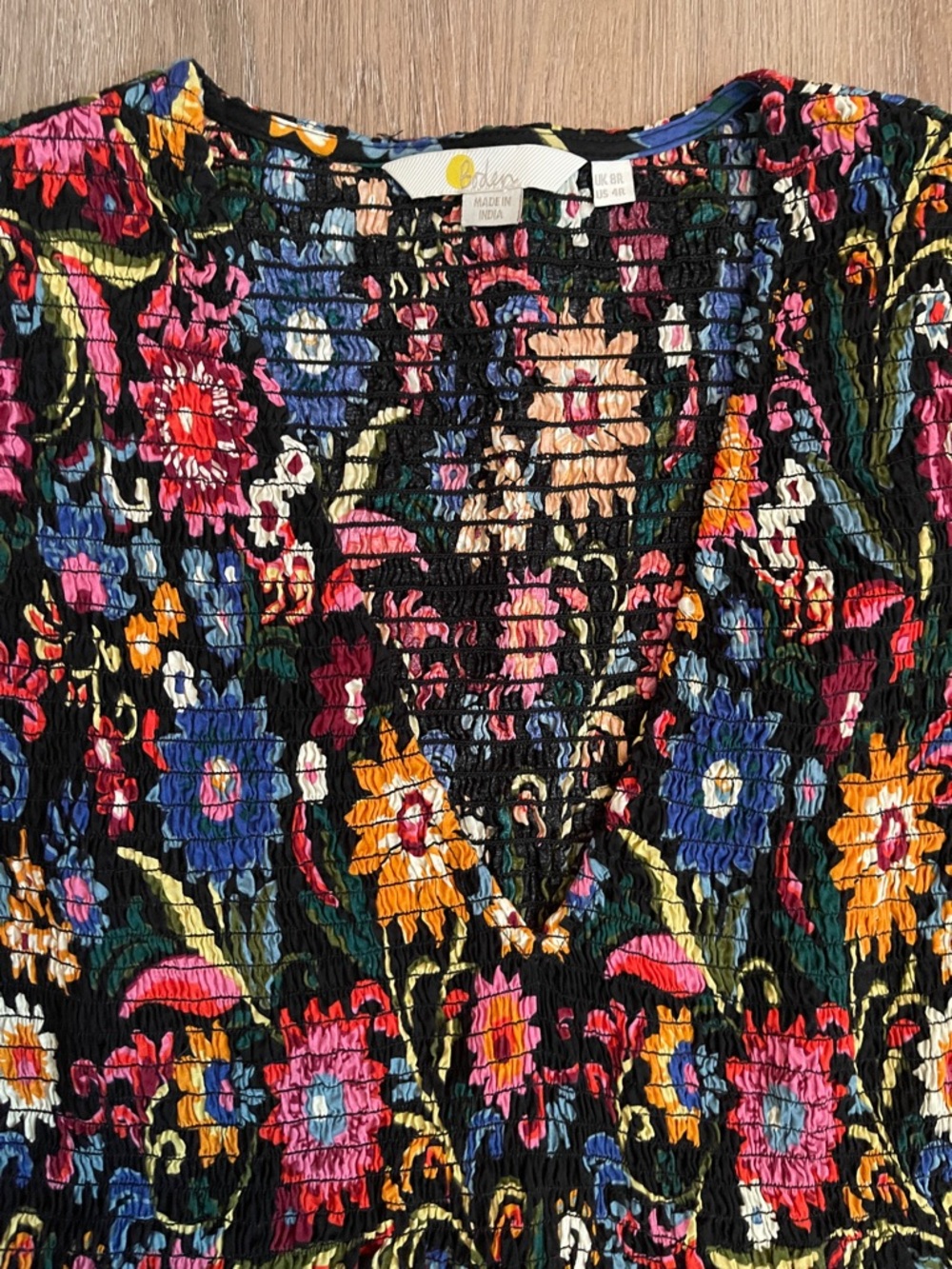 Boden Black Floral Smocked Dress with Multicolor Blooms - Picture 3 of 7